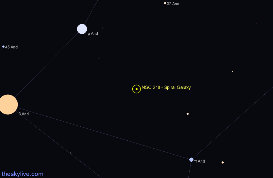 Finder chart NGC 218 - Spiral Galaxy in Andromeda star