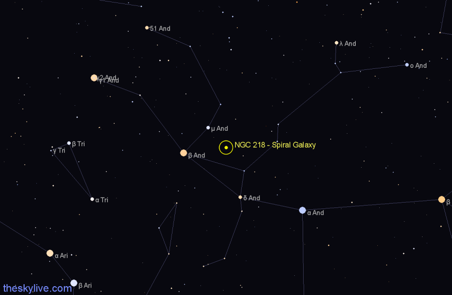 Finder chart NGC 218 - Spiral Galaxy in Andromeda star