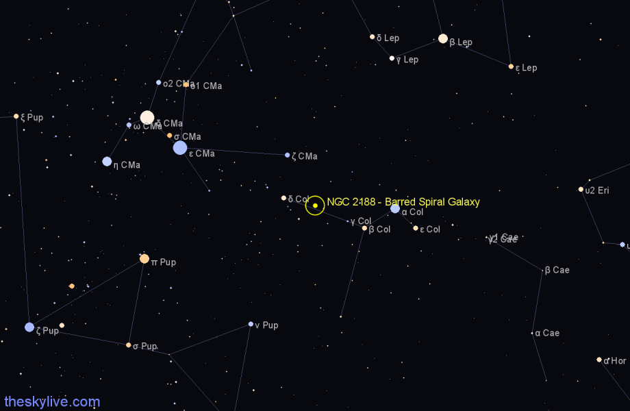 Finder chart NGC 2188 - Barred Spiral Galaxy in Columba star