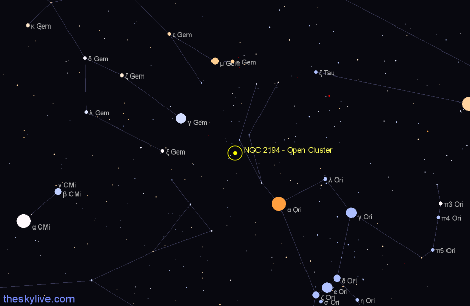 Finder chart NGC 2194 - Open Cluster in Orion star