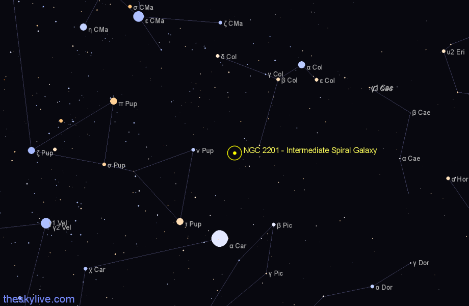 Finder chart NGC 2201 - Intermediate Spiral Galaxy in Puppis star