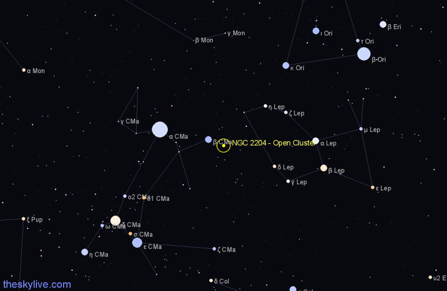 Finder chart NGC 2204 - Open Cluster in Canis Major star