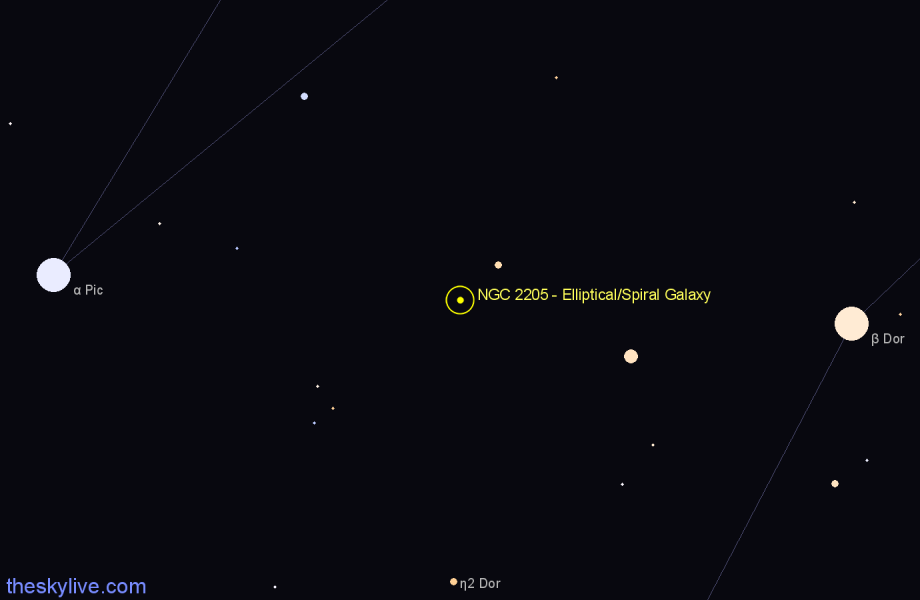 Finder chart NGC 2205 - Elliptical/Spiral Galaxy in Pictor star