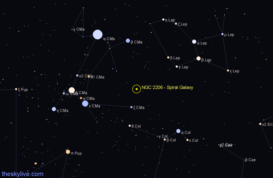 Finder chart NGC 2206 - Spiral Galaxy in Canis Major star