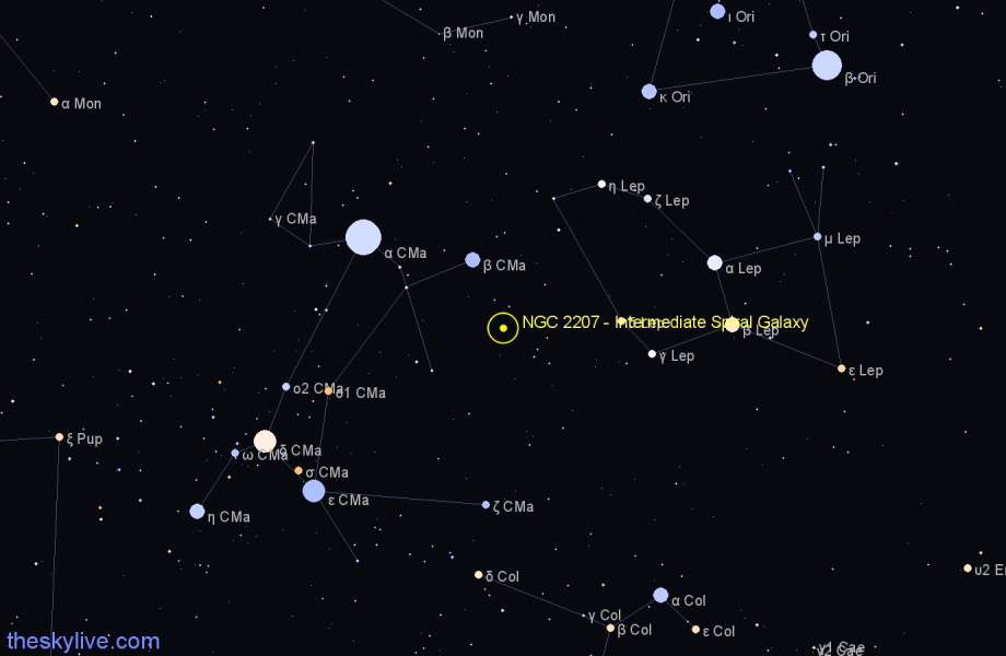 Finder chart NGC 2207 - Intermediate Spiral Galaxy in Canis Major star