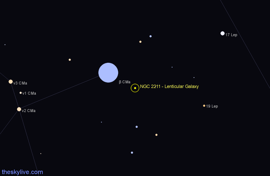 Finder chart NGC 2211 - Lenticular Galaxy in Canis Major star