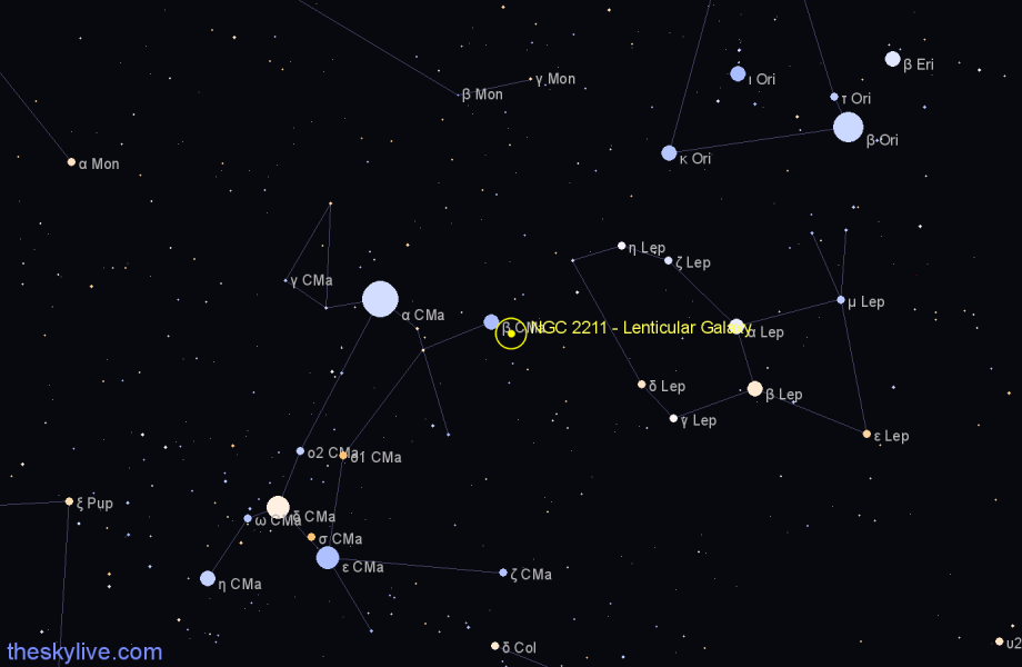 Finder chart NGC 2211 - Lenticular Galaxy in Canis Major star