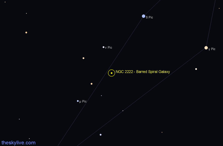 Finder chart NGC 2222 - Barred Spiral Galaxy in Pictor star