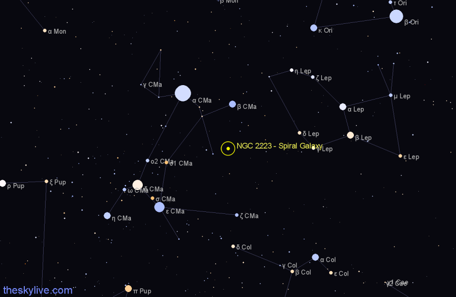 Finder chart NGC 2223 - Spiral Galaxy in Canis Major star