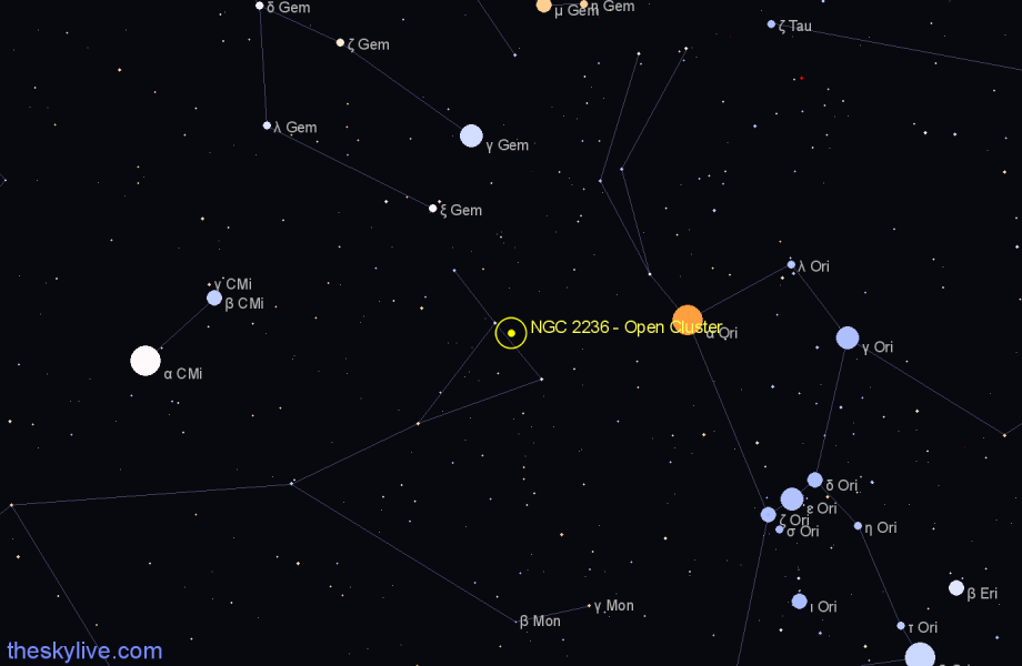 Finder chart NGC 2236 - Open Cluster in Monoceros star