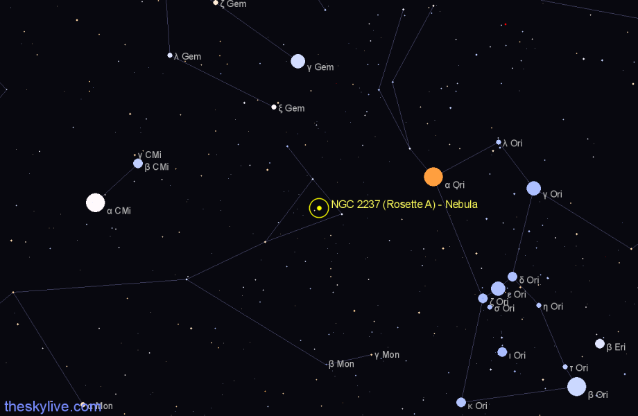 Finder chart NGC 2237 (Rosette A) - Nebula in Monoceros star