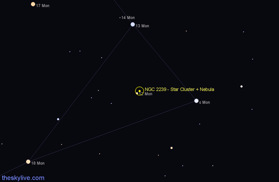 Finder chart NGC 2239 - Star Cluster + Nebula in Monoceros star