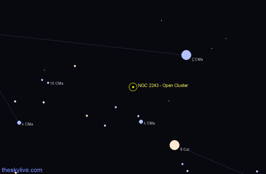 Finder chart NGC 2243 - Open Cluster in Canis Major star