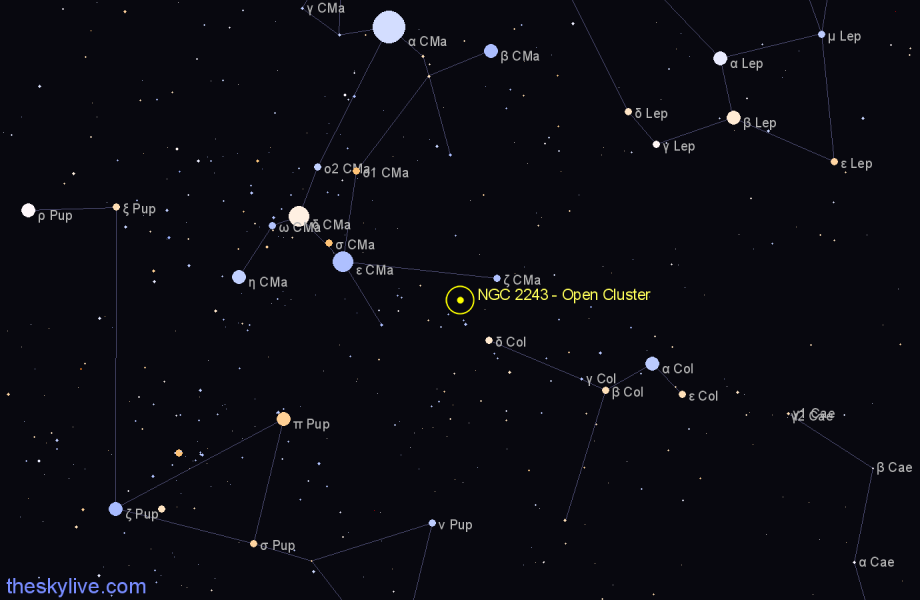 Finder chart NGC 2243 - Open Cluster in Canis Major star