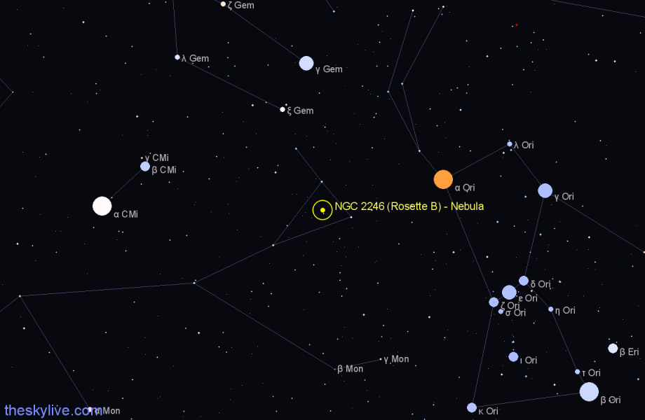 Finder chart NGC 2246 (Rosette B) - Nebula in Monoceros star