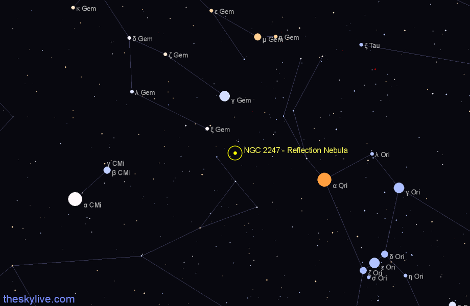 Finder chart NGC 2247 - Reflection Nebula in Monoceros star