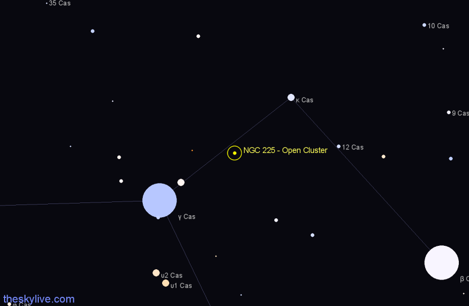 Finder chart NGC 225 - Open Cluster in Cassiopeia star