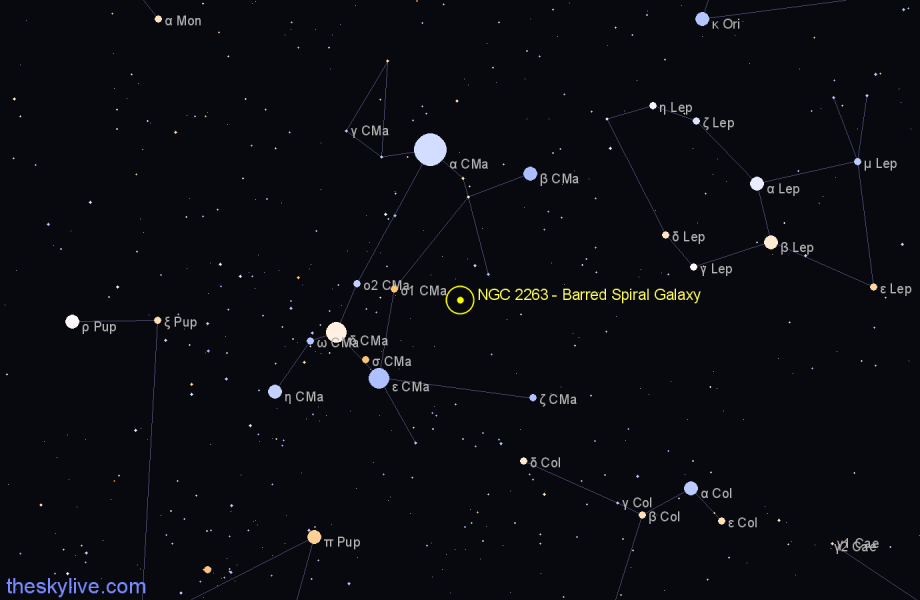 Finder chart NGC 2263 - Barred Spiral Galaxy in Canis Major star