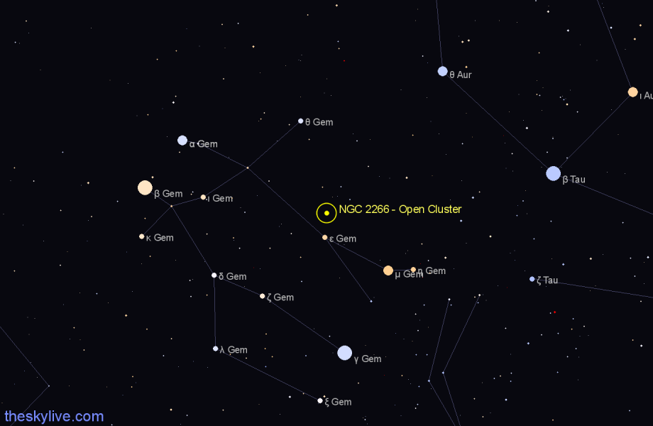 Finder chart NGC 2266 - Open Cluster in Gemini star