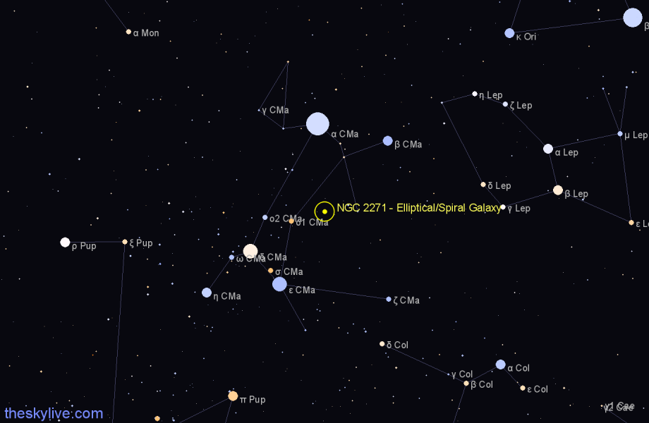 Finder chart NGC 2271 - Elliptical/Spiral Galaxy in Canis Major star