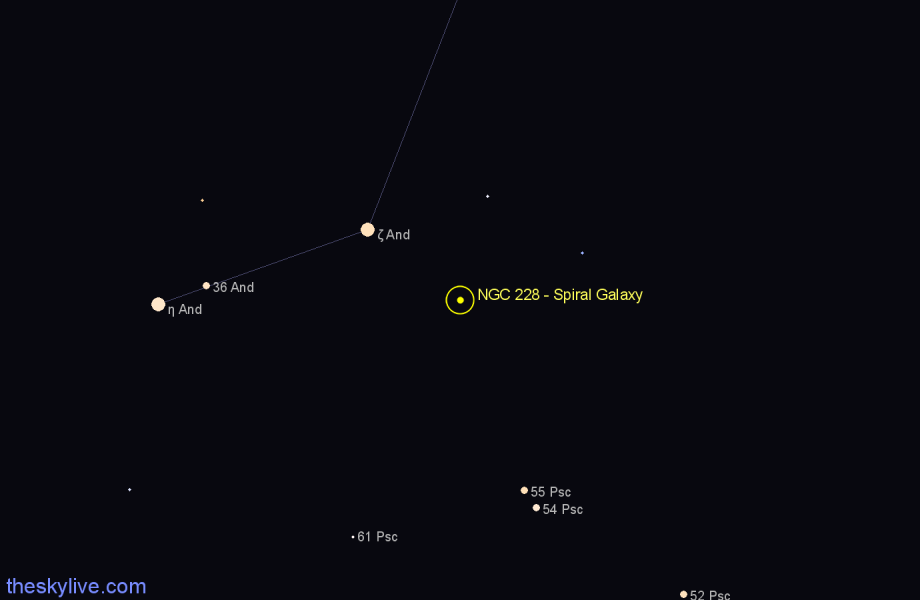 Finder chart NGC 228 - Spiral Galaxy in Andromeda star