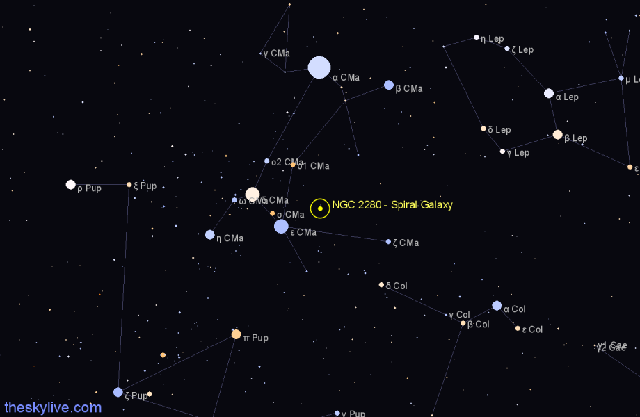 Finder chart NGC 2280 - Spiral Galaxy in Canis Major star