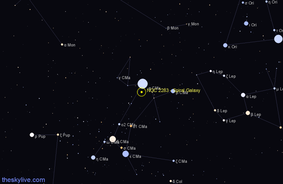 Finder chart NGC 2283 - Spiral Galaxy in Canis Major star