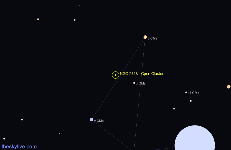 Finder chart NGC 2318 - Open Cluster in Canis Major star