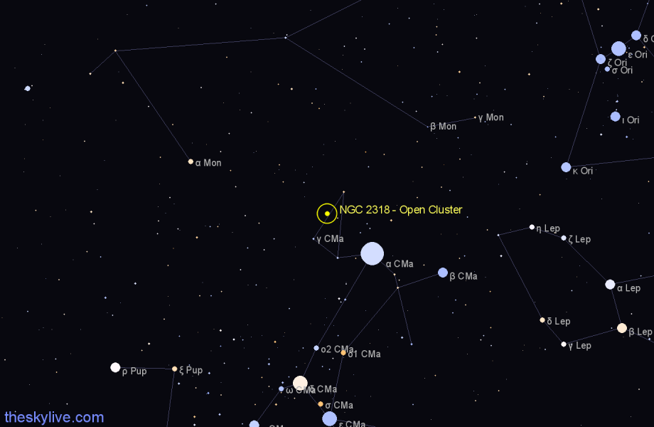 Finder chart NGC 2318 - Open Cluster in Canis Major star