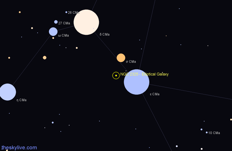 Finder chart NGC 2325 - Elliptical Galaxy in Canis Major star