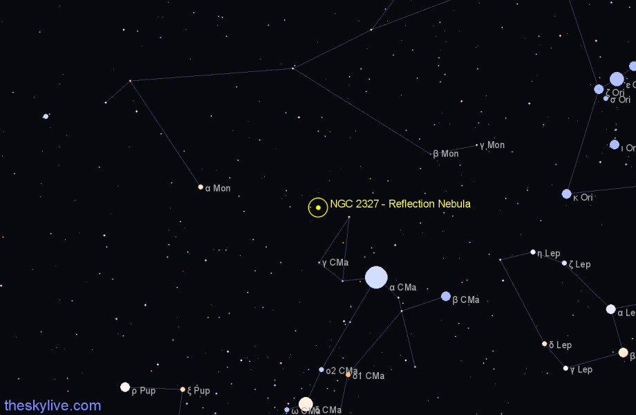 Finder chart NGC 2327 - Reflection Nebula in Canis Major star