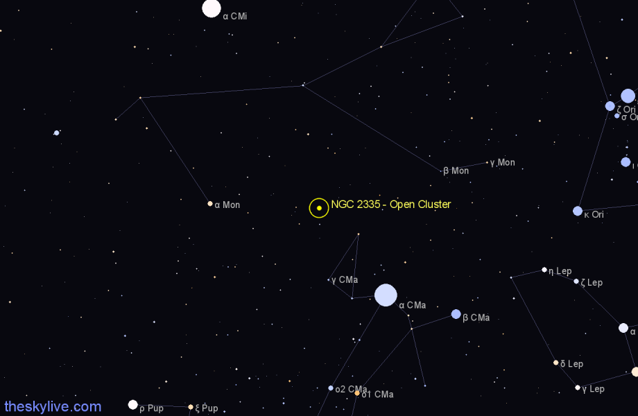 Finder chart NGC 2335 - Open Cluster in Monoceros star