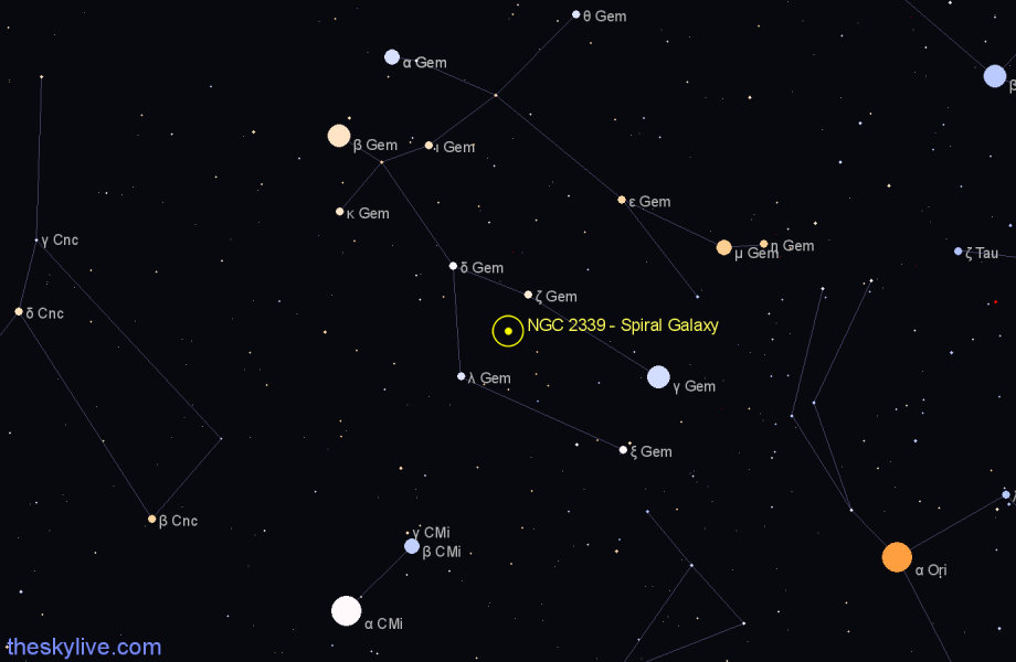 Finder chart NGC 2339 - Spiral Galaxy in Gemini star