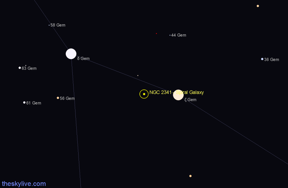 Finder chart NGC 2341 - Spiral Galaxy in Gemini star