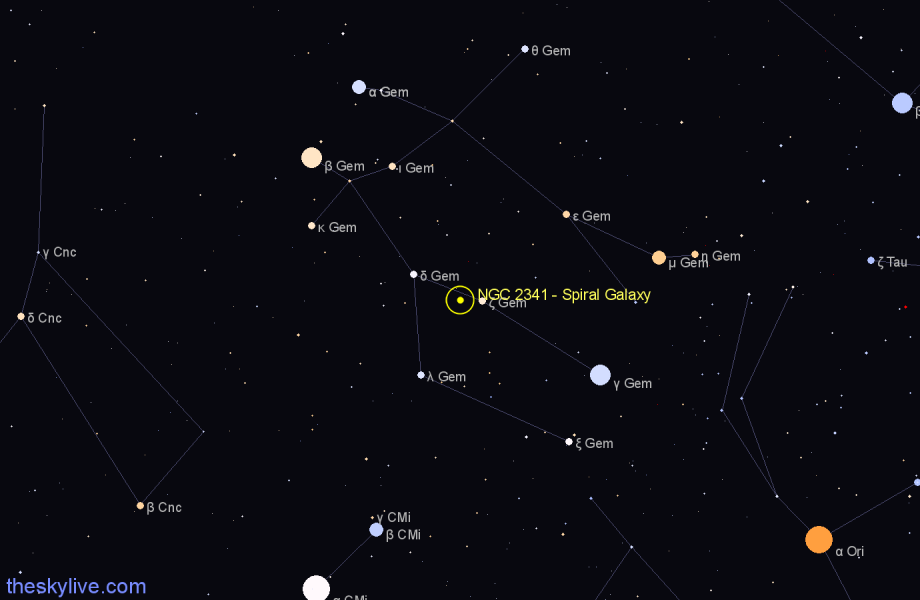 Finder chart NGC 2341 - Spiral Galaxy in Gemini star