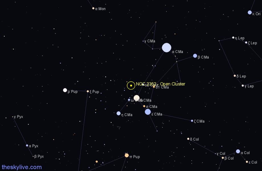 Finder chart NGC 2352 - Open Cluster in Canis Major star