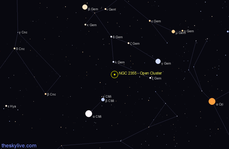 Finder chart NGC 2355 - Open Cluster in Gemini star