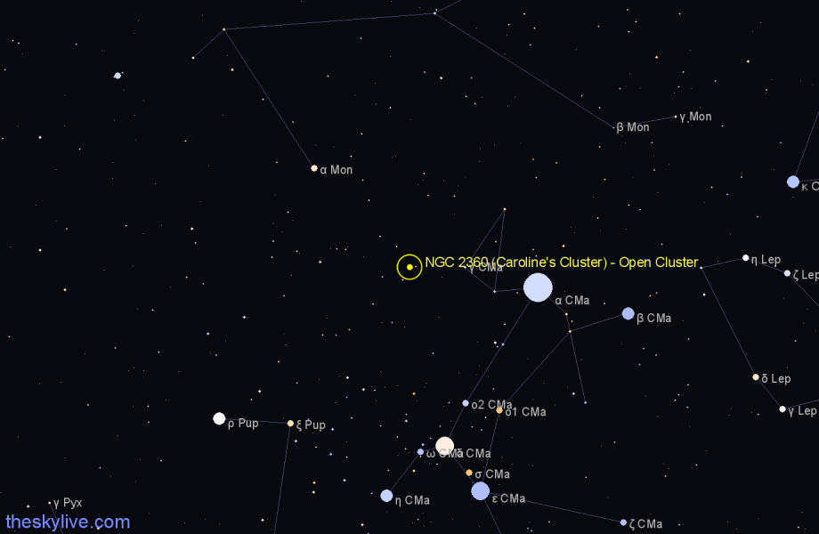 Finder chart NGC 2360 (Caroline's Cluster) - Open Cluster in Canis Major star