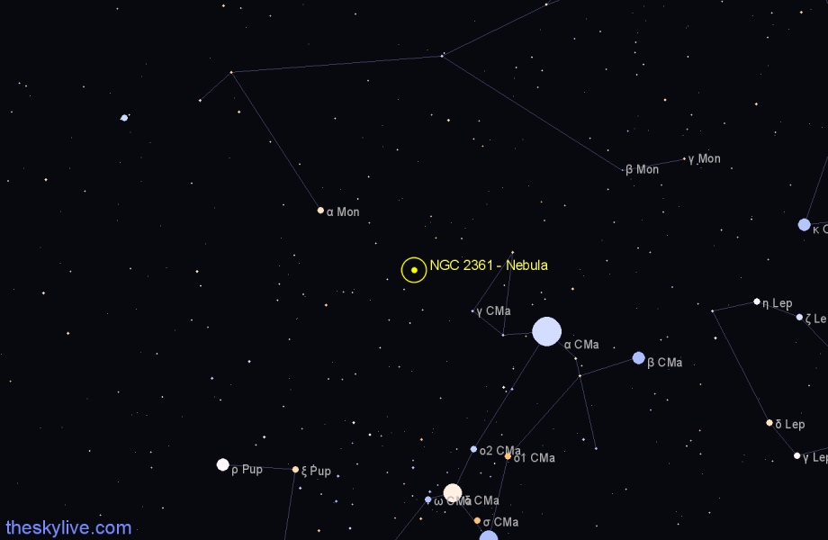 Finder chart NGC 2361 - Nebula in Canis Major star