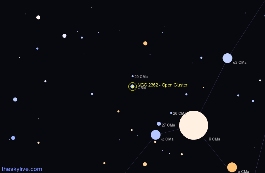Finder chart NGC 2362 - Open Cluster in Canis Major star