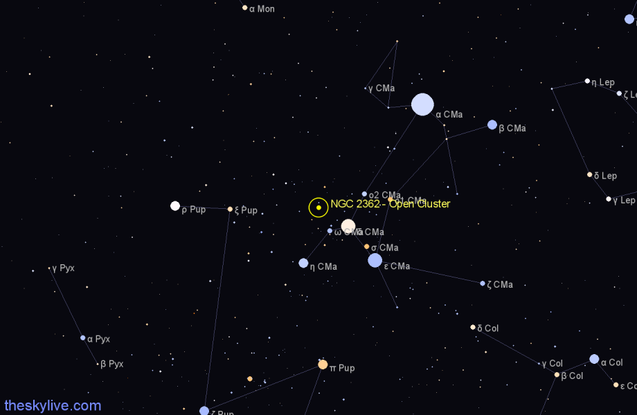 Finder chart NGC 2362 - Open Cluster in Canis Major star