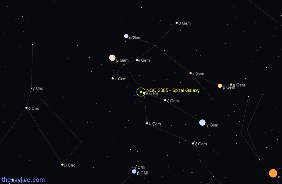 Finder chart NGC 2365 - Spiral Galaxy in Gemini star