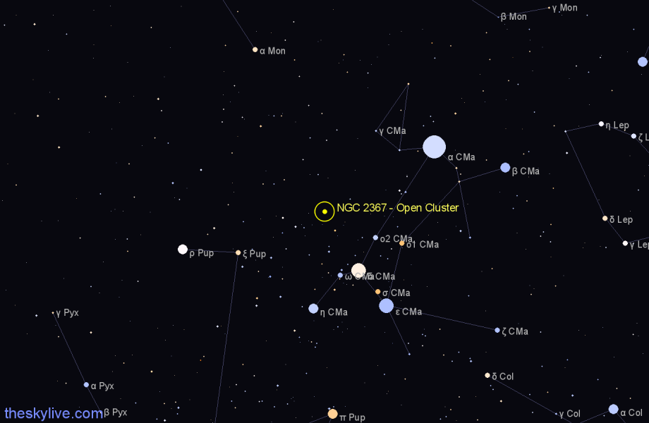 Finder chart NGC 2367 - Open Cluster in Canis Major star