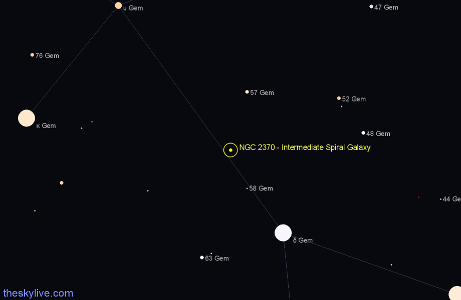 Finder chart NGC 2370 - Intermediate Spiral Galaxy in Gemini star