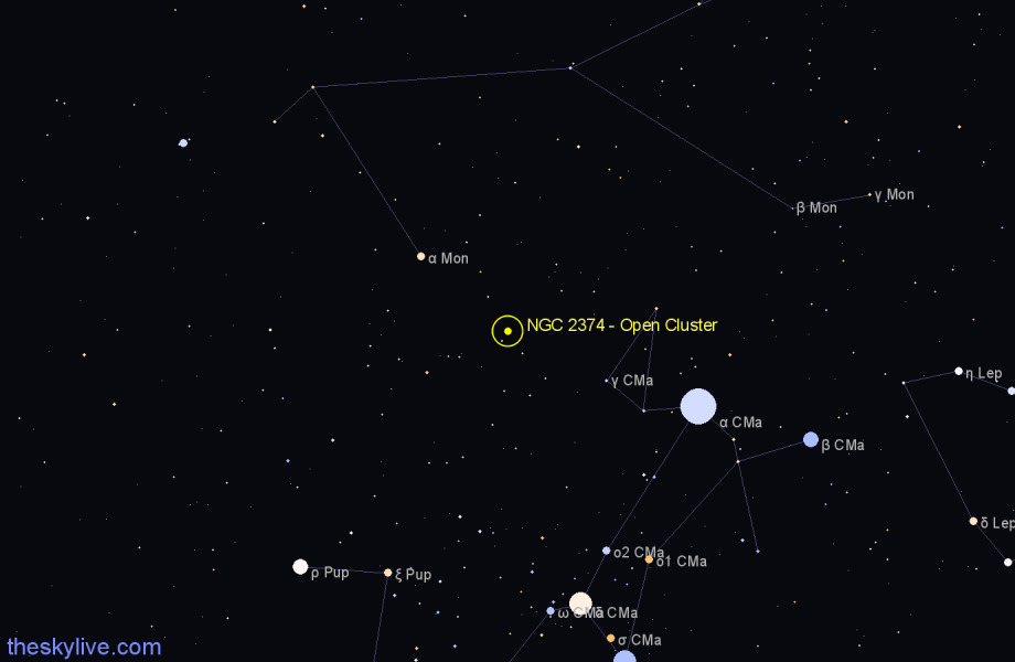 Finder chart NGC 2374 - Open Cluster in Canis Major star