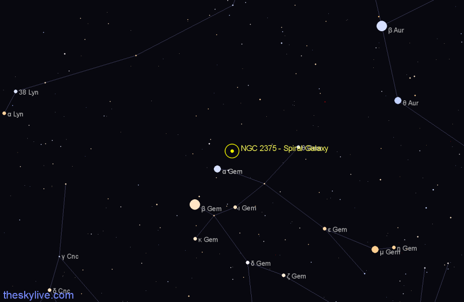 Finder chart NGC 2375 - Spiral Galaxy in Gemini star