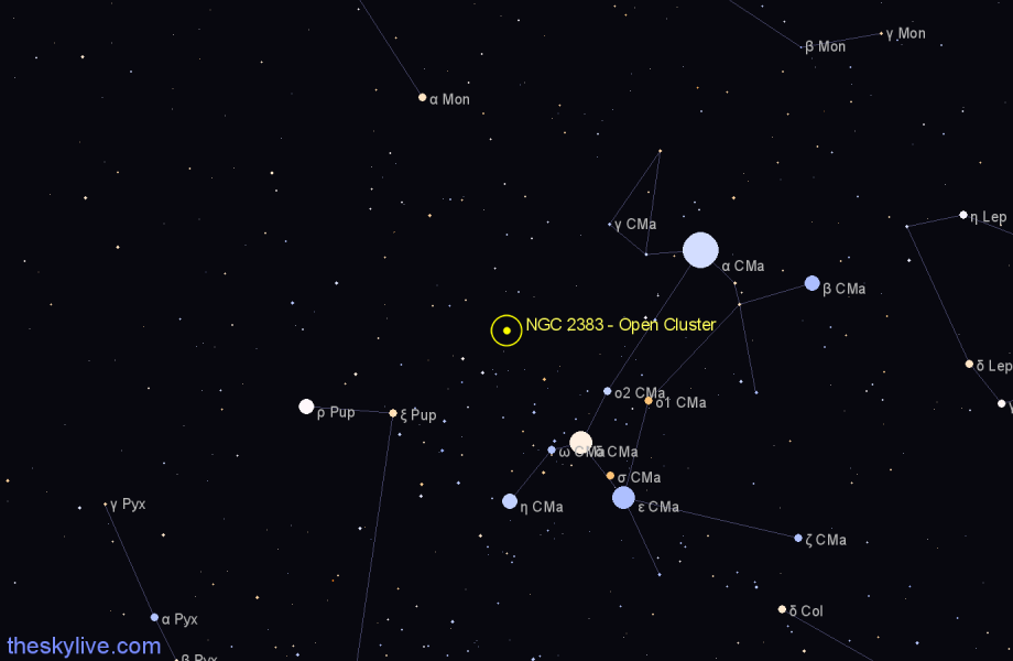 Finder chart NGC 2383 - Open Cluster in Canis Major star
