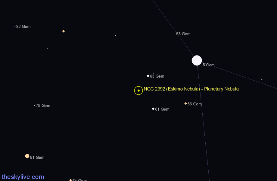 Finder chart NGC 2392 (Eskimo Nebula) - Planetary Nebula in Gemini star
