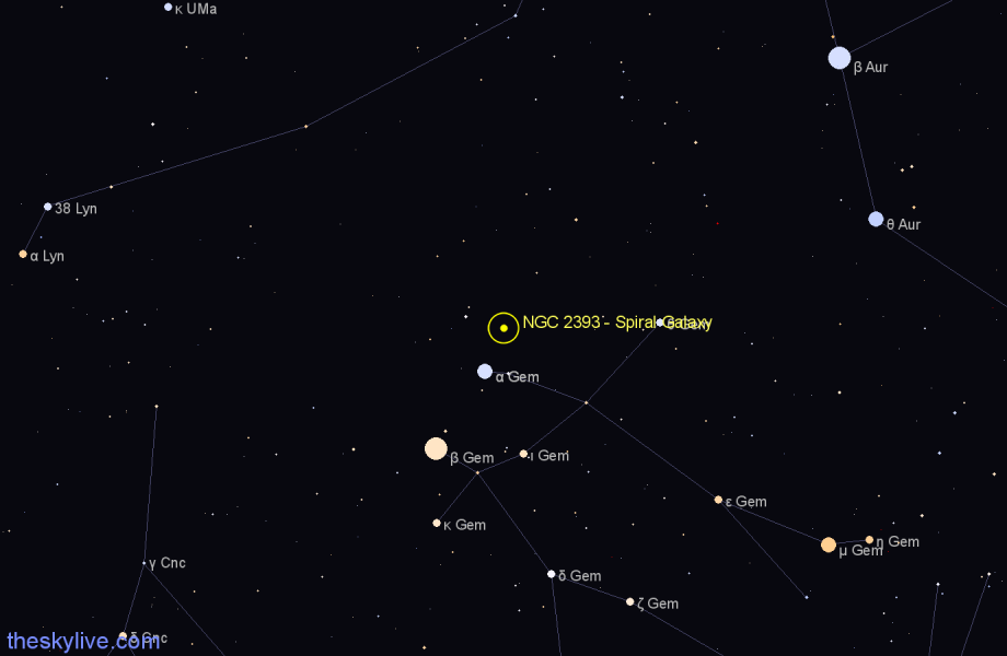 Finder chart NGC 2393 - Spiral Galaxy in Gemini star