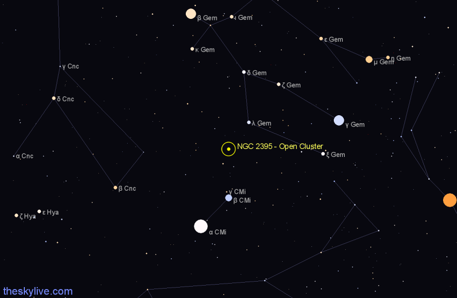 Finder chart NGC 2395 - Open Cluster in Gemini star